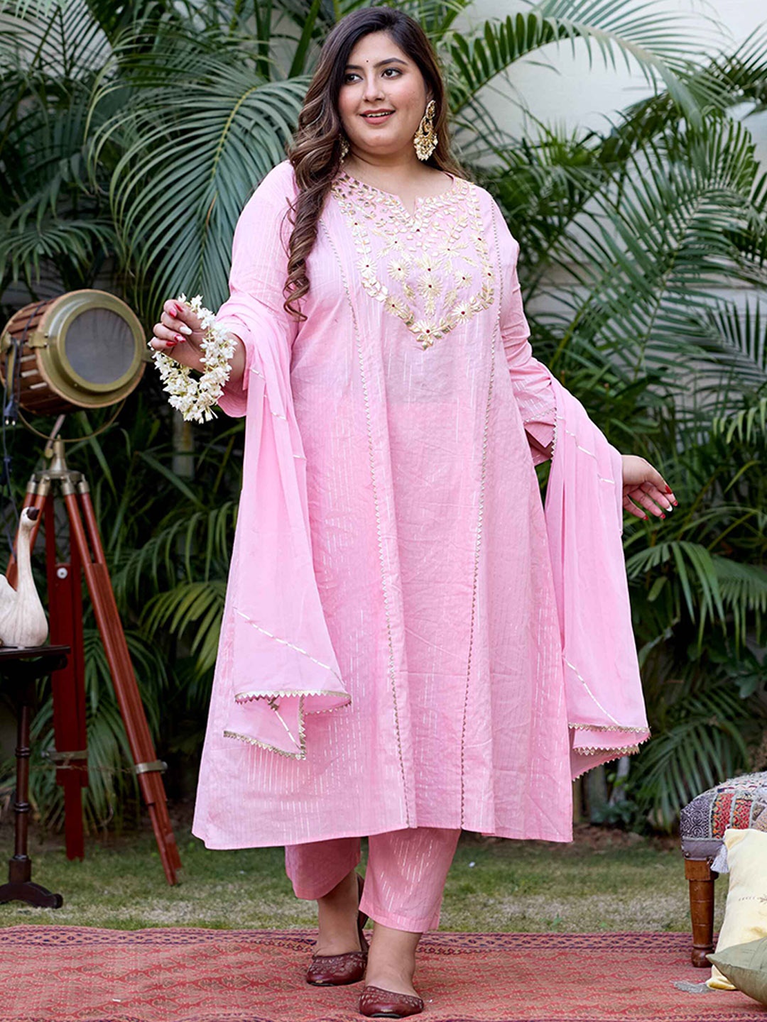 

NANGALIA RUCHIRA Plus Size Embroidered Round Neck Gotta Patti Pure Cotton Kurta Set, Pink