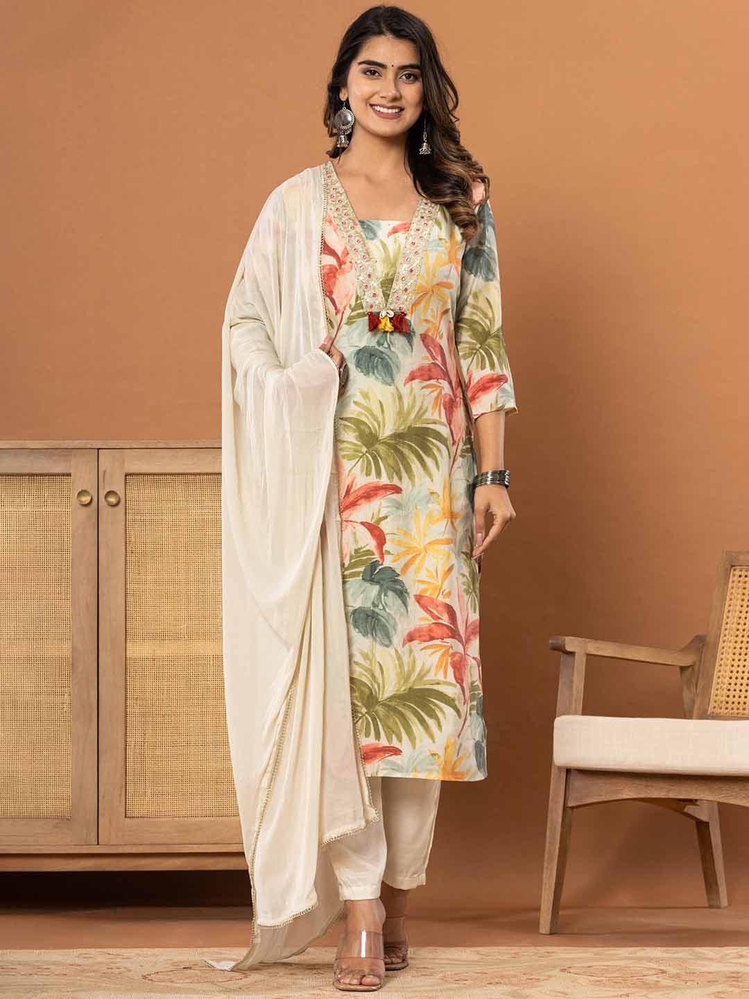 

LALI JAIPUR Women Floral Printed Regular Kurta with Trousers & With Dupatta, White