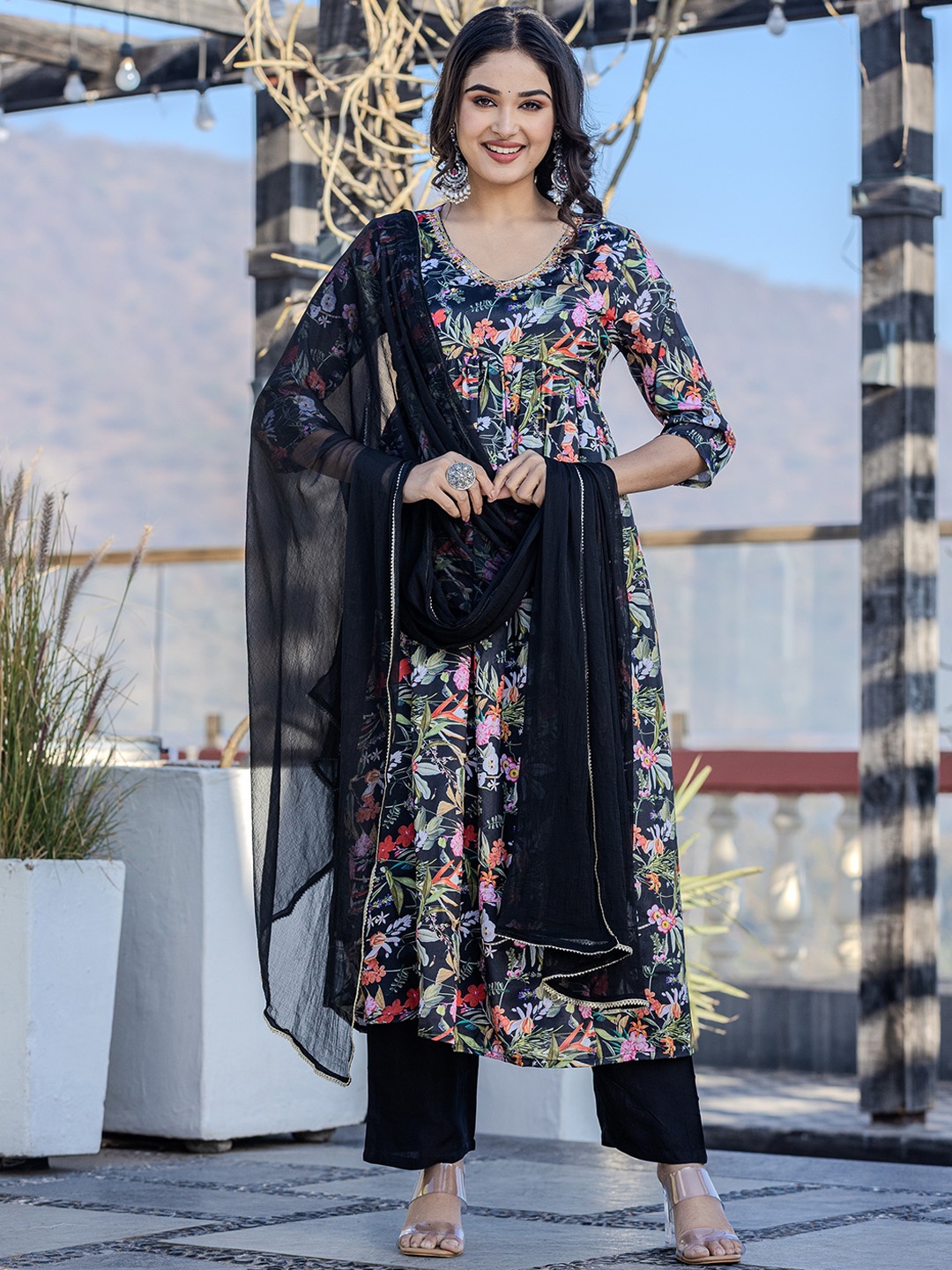 

LALI JAIPUR Floral Printed Empire Kurta With Trousers & Dupatta, Black