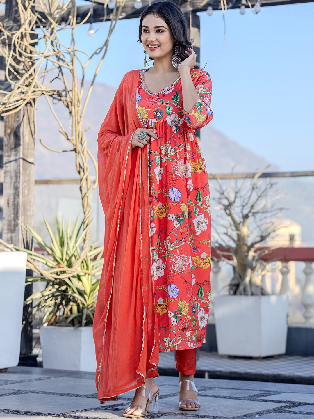 

LALI JAIPUR Floral Printed High Slit Kurta With Trousers & Dupatta, Orange