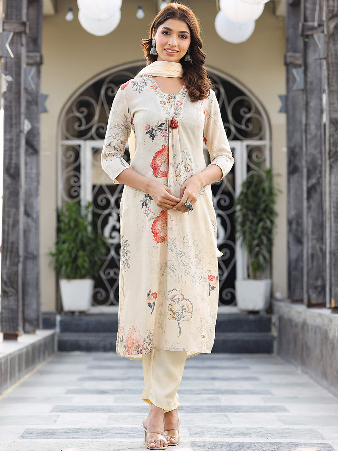 

LALI JAIPUR Floral Embroidered Pleated Sequinned Kurta with Trousers & With Dupatta, Cream