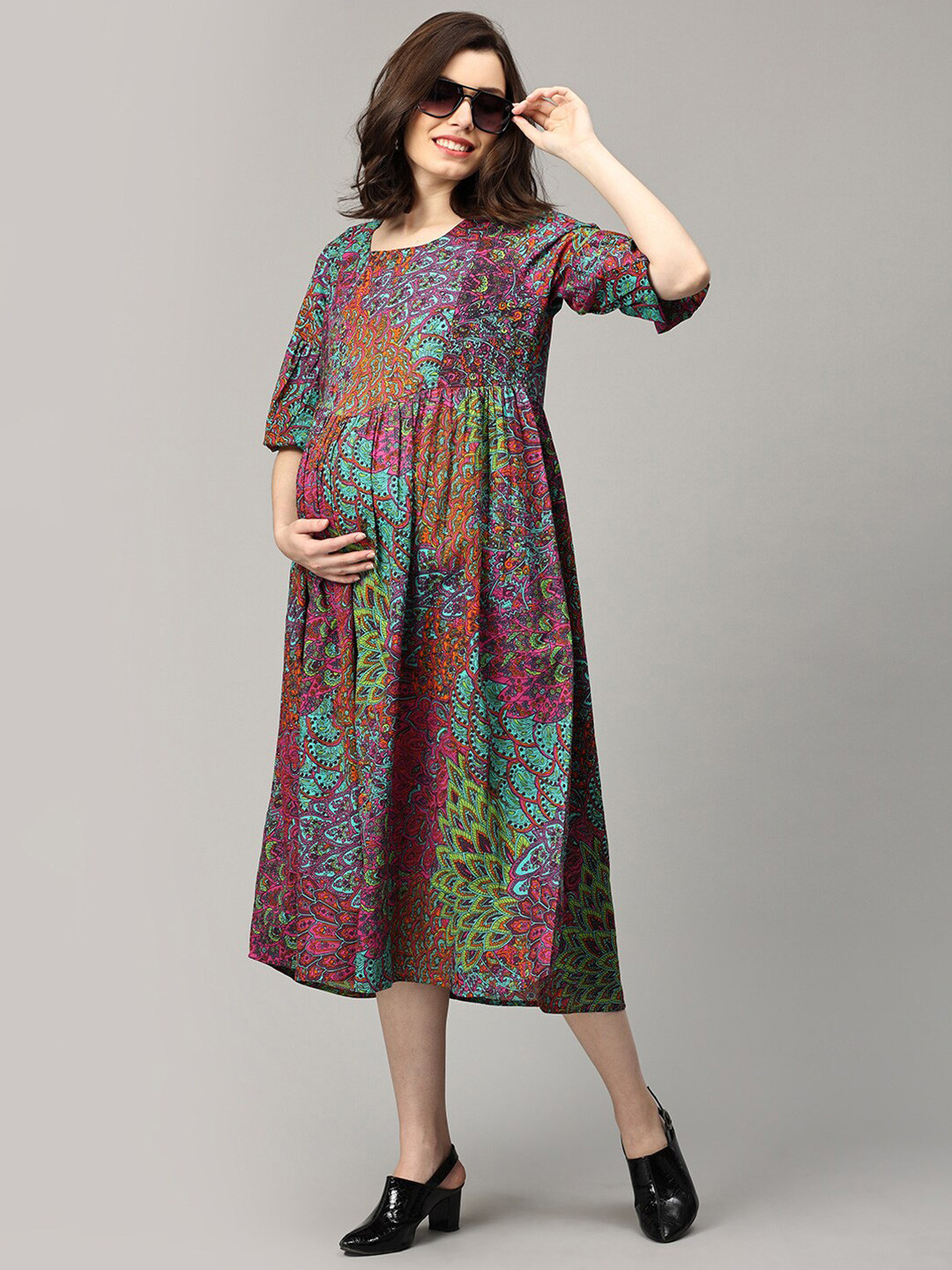 

The Mom Store Ethnic Motifs Print Cotton Maternity A-Line Midi Dress, Pink