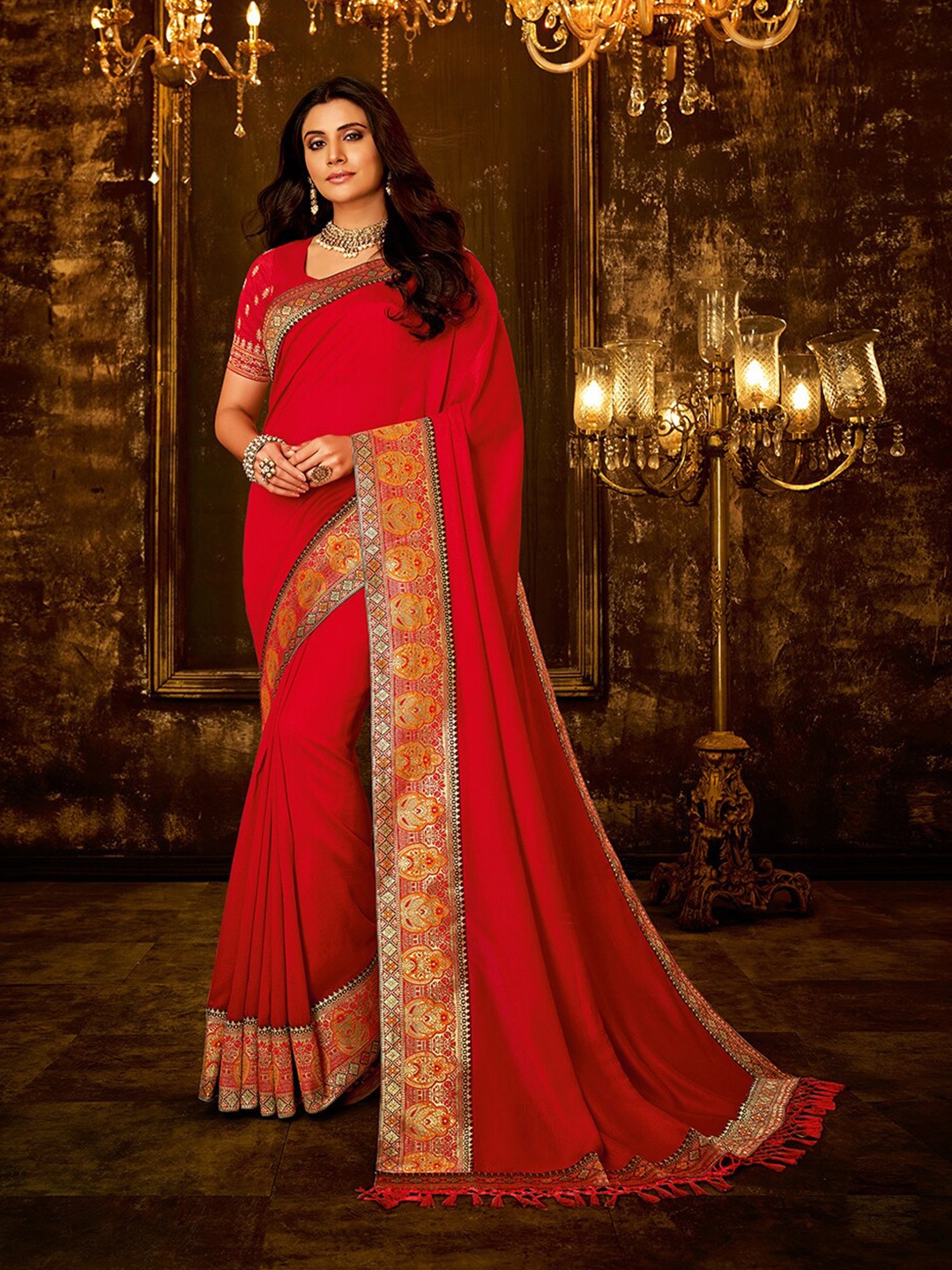

HRITIKA Ethnic Motifs Zari Saree, Red