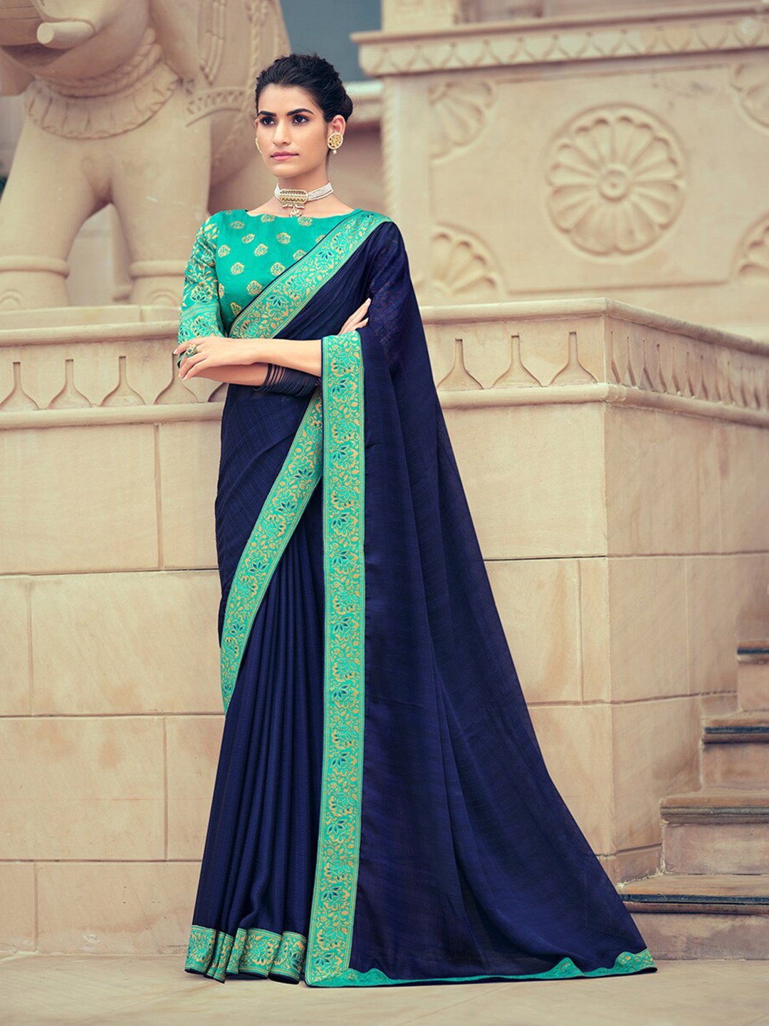 

HRITIKA Striped Pure Chiffon Saree, Navy blue