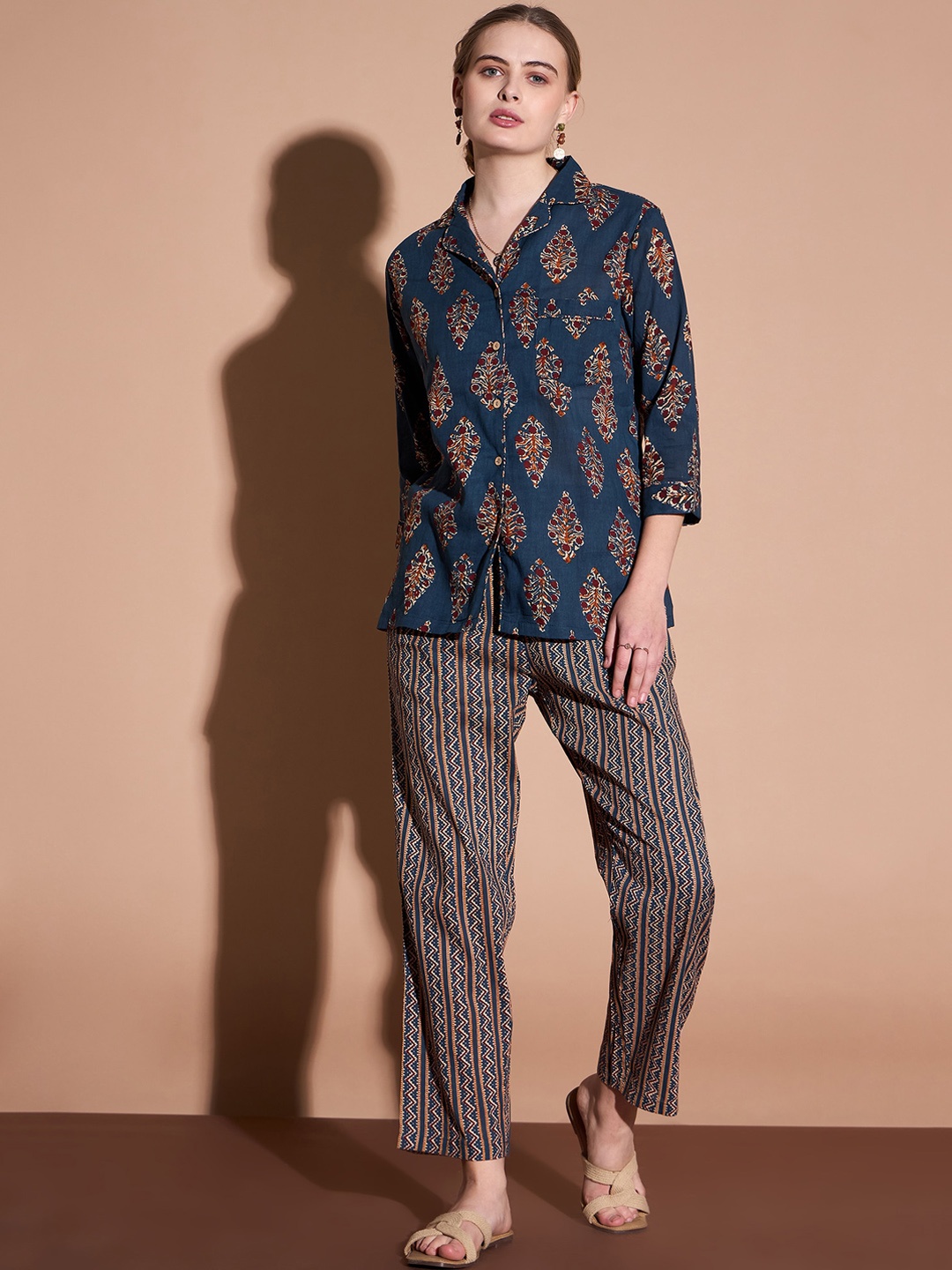 

all about you Ethnic Motifs Printed Cotton Shirt & Trouser Co-Ords Set, Blue