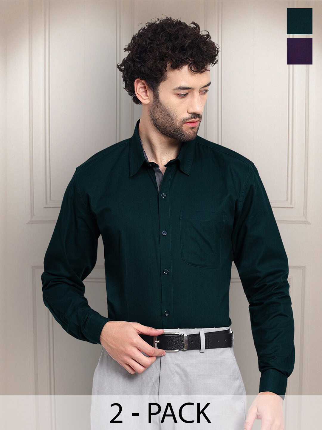 

Tee Projekt Pack of 2 Premium Cotton Formal Full Sleeve Shirts, Green