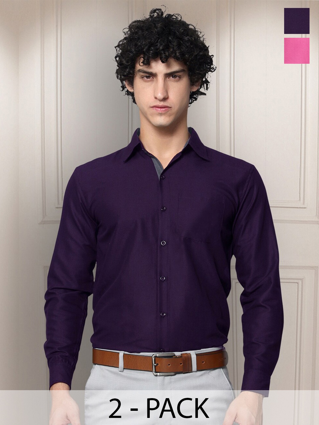 

Tee Projekt Pack of 2 Premium Cotton Formal Full Sleeve Shirts, Purple