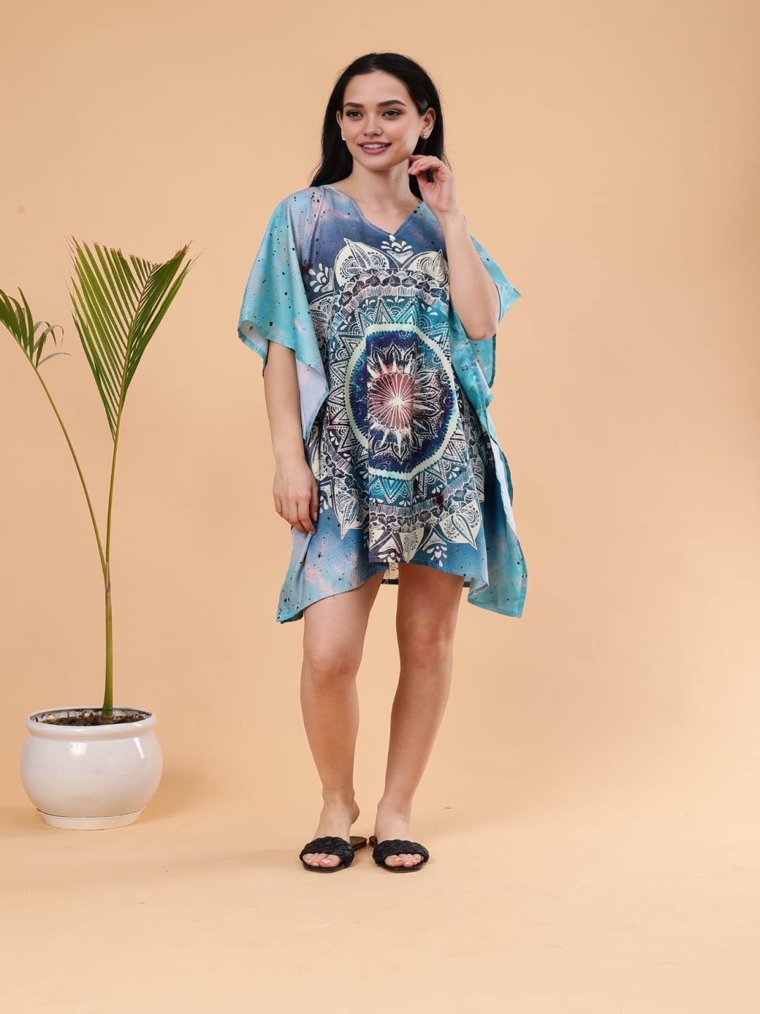 

Shararat Ethnic Motifs Printed Silk Kaftan Nightdress, Blue