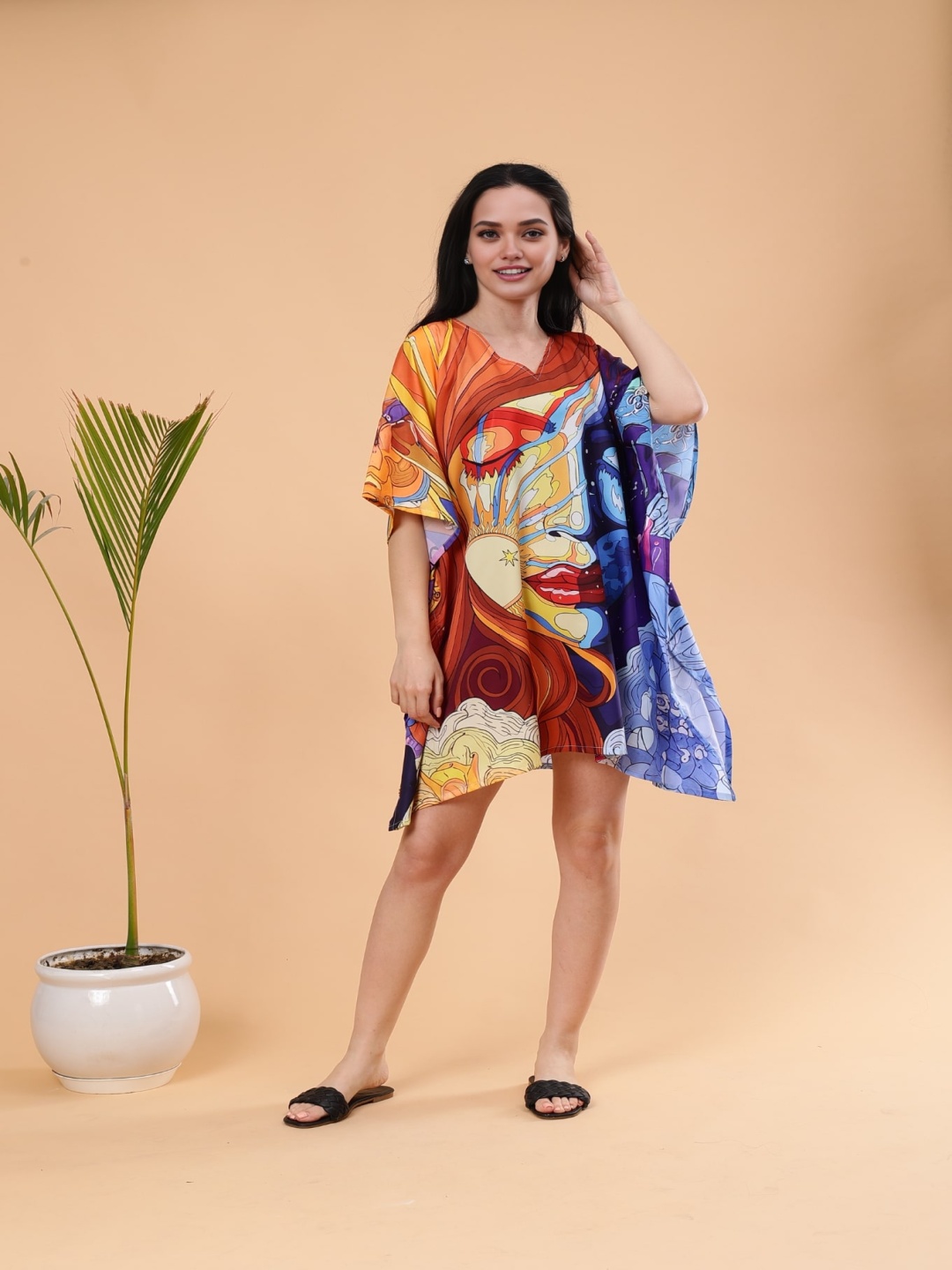 

Shararat Abstract Printed V-Neck Kimono Sleeves Kaftan Nightdress, Blue