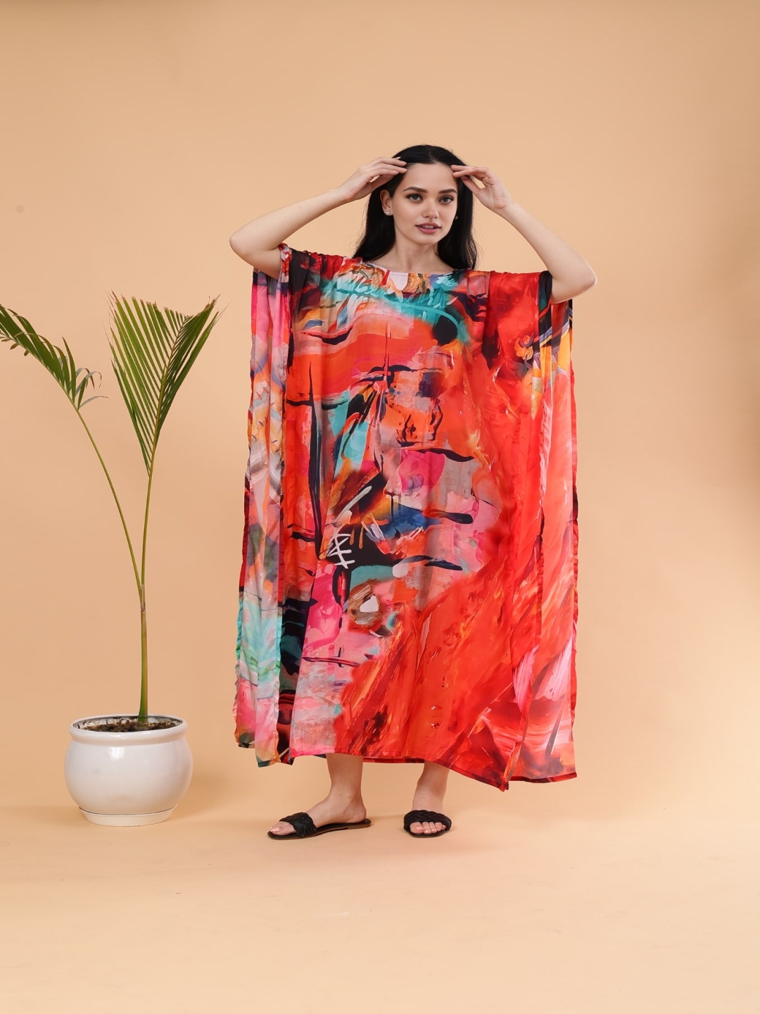 

Shararat Floral Digital Printed Feather Silk Fabric Kaftan Nightdress, Red