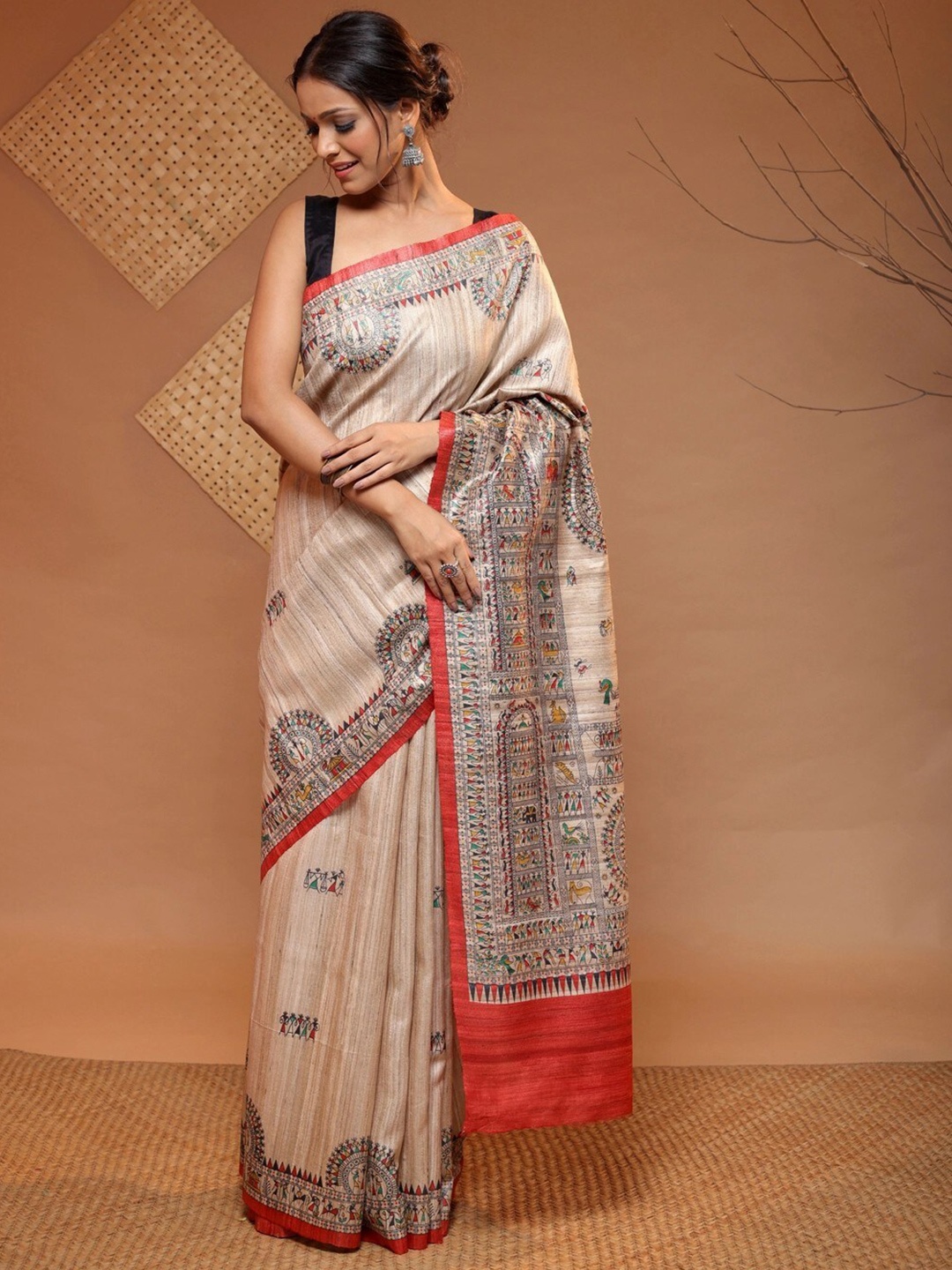 

Sutra Art of Clothing Warli Pure Silk Saree, Beige