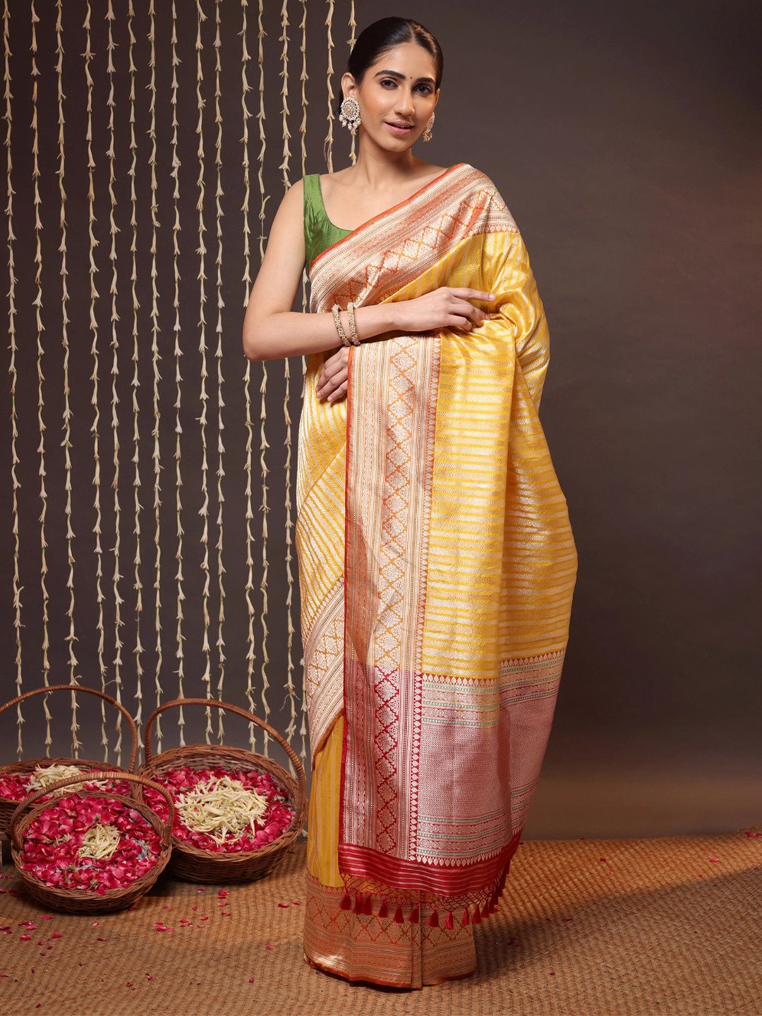 

Sutra Art of Clothing Striped Woven Design Zari Pure Silk Saree, Yellow