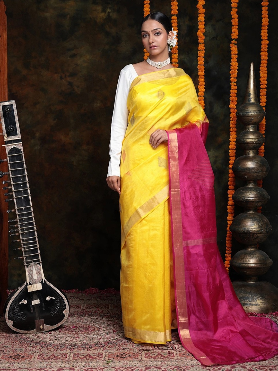 

Sutra Art of Clothing Ethnic Motifs Woven Design Zari Pure Silk Saree, Yellow