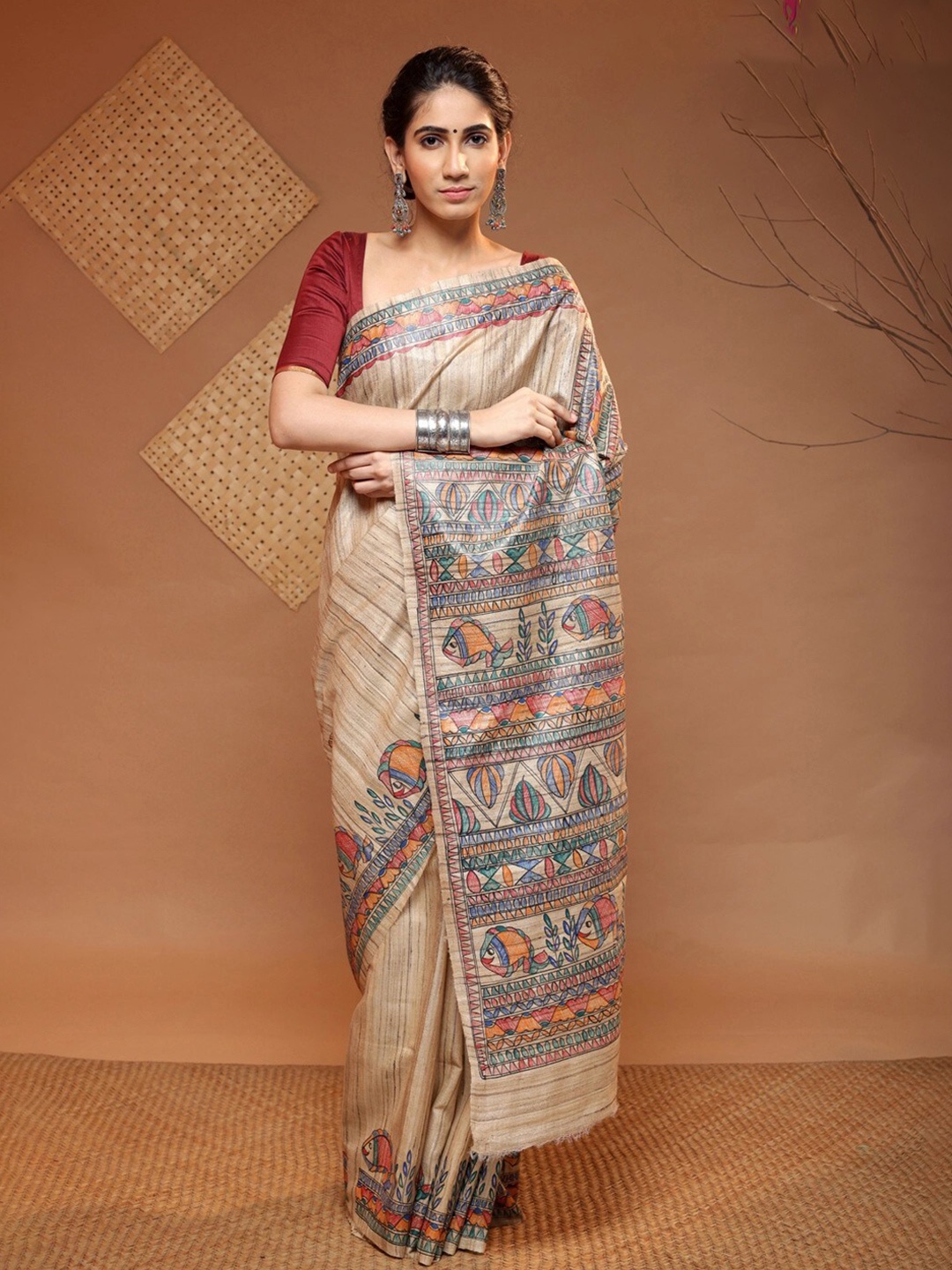 

Sutra Art of Clothing Warli Printed Pure Silk Saree, Brown