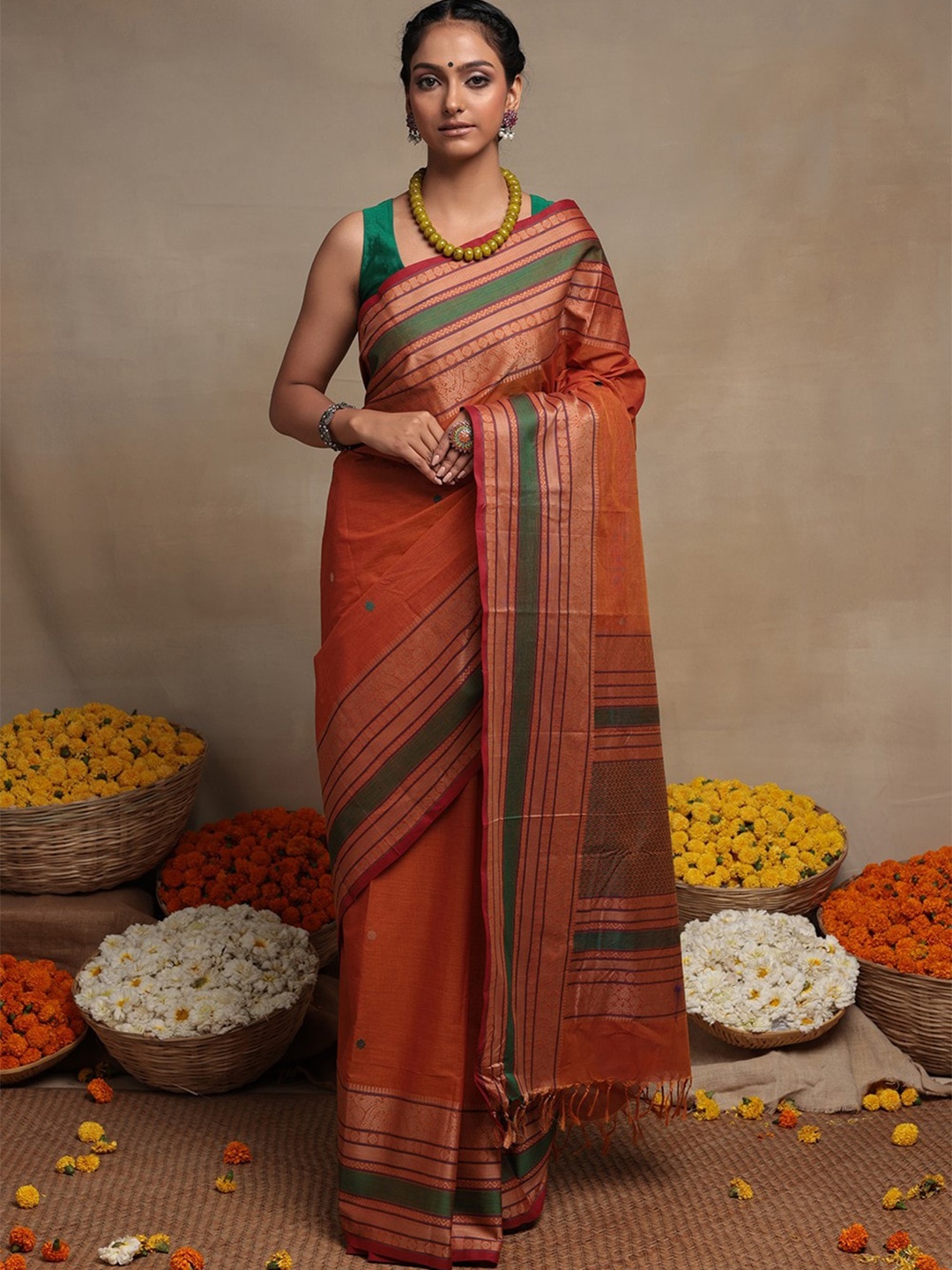 

Sutra Art of Clothing Ethnic Motifs Woven Design Zari Pure Cotton Saree, Orange