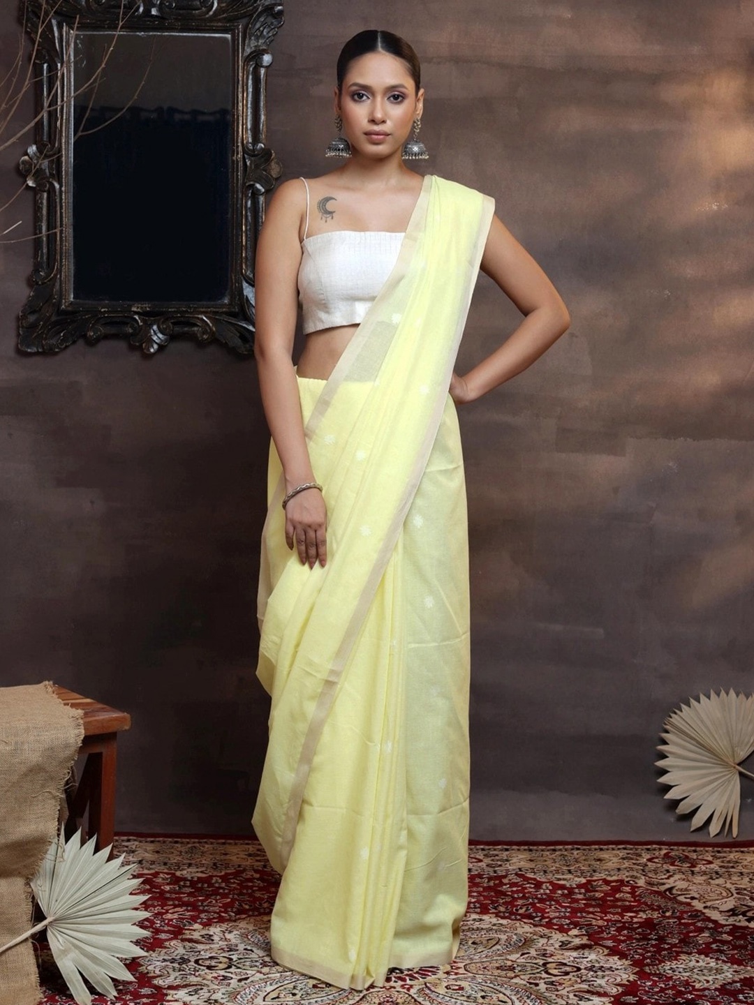 

Sutra Art of Clothing Ethnic Motifs Woven Design Zari Pure Cotton Saree, Yellow