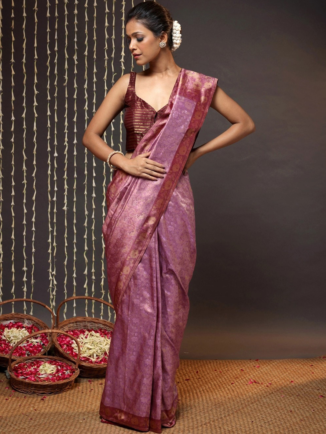 

Sutra Art of Clothing Floral Woven Design Zari Pure Silk Saree, Purple