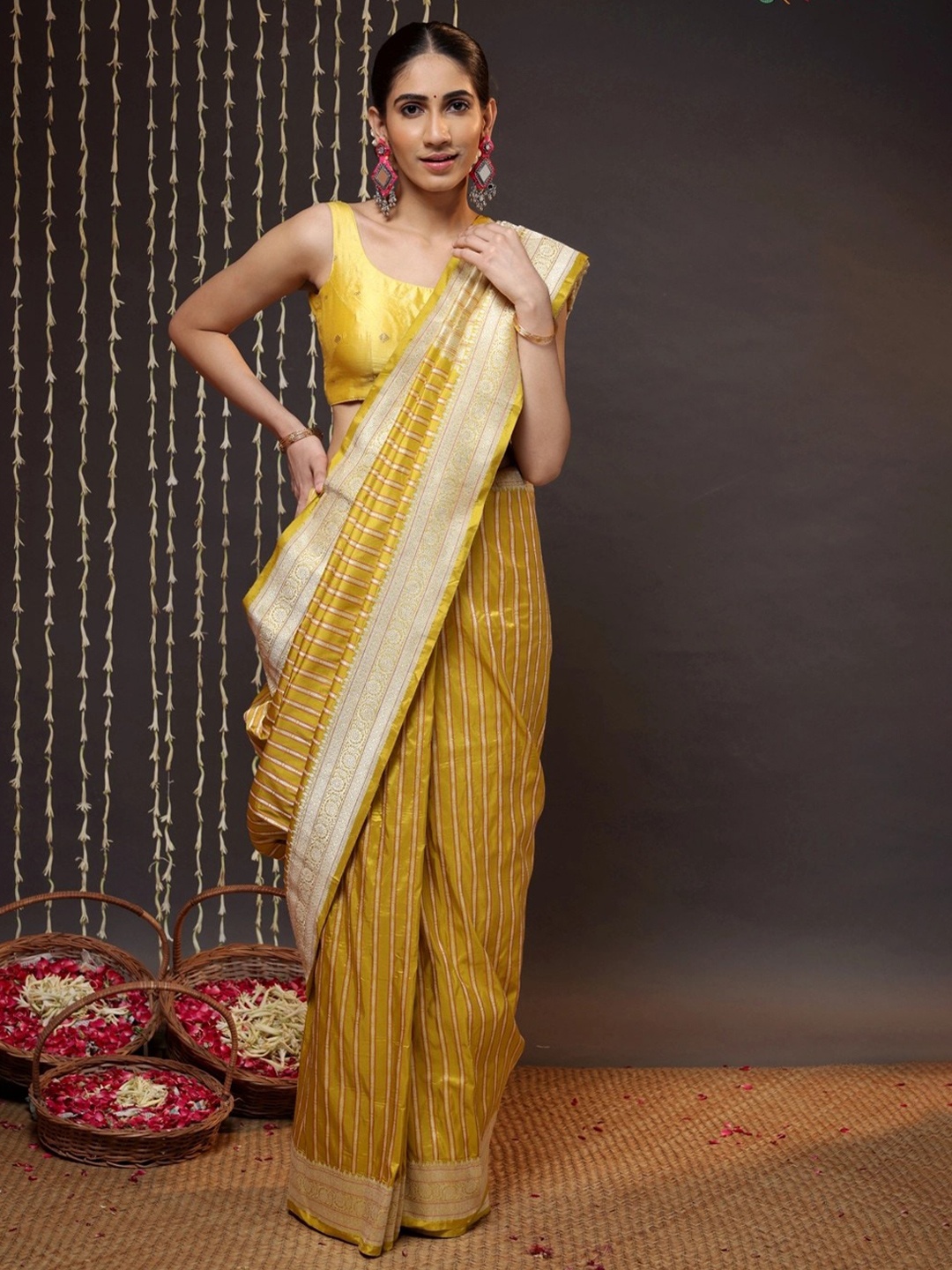 

Sutra Art of Clothing Striped Woven Design Zari Pure Silk Saree, Yellow