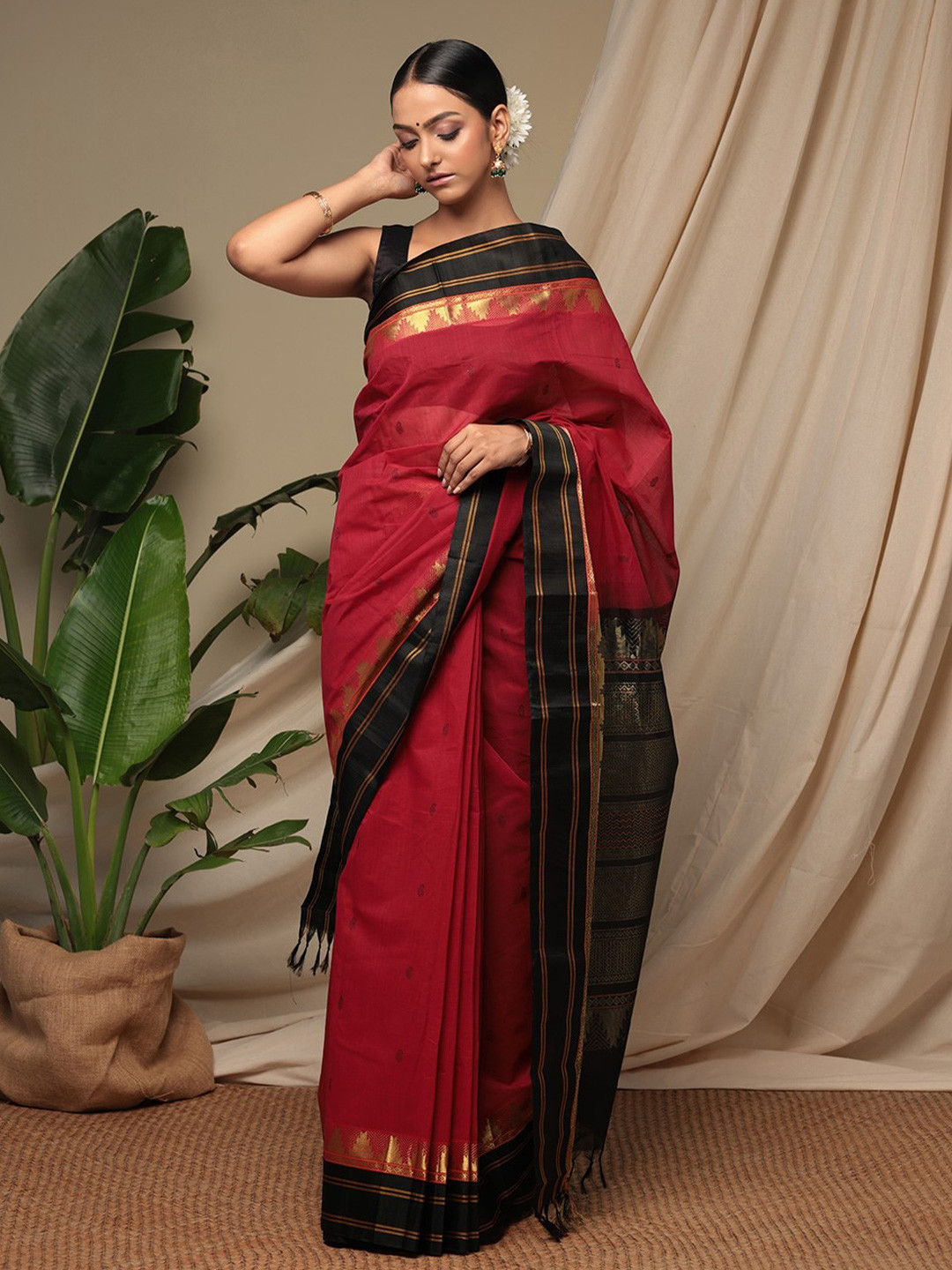 

Sutra Art of Clothing Ethnic Motifs Woven Design Zari Pure Cotton Saree, Red