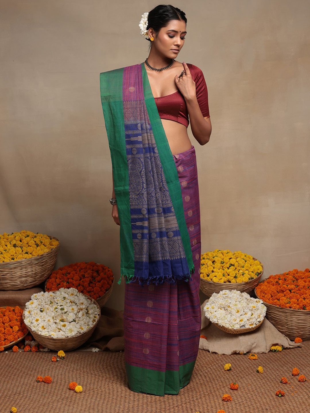 

Sutra Art of Clothing Ethnic Motifs Woven Design Pure Cotton Kanchi Saree, Blue