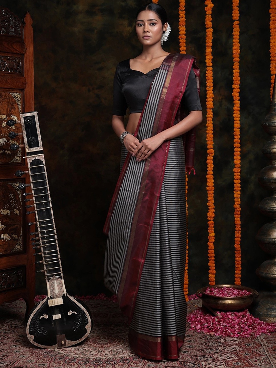 

Sutra Art of Clothing Striped Pure Silk Saree, Black