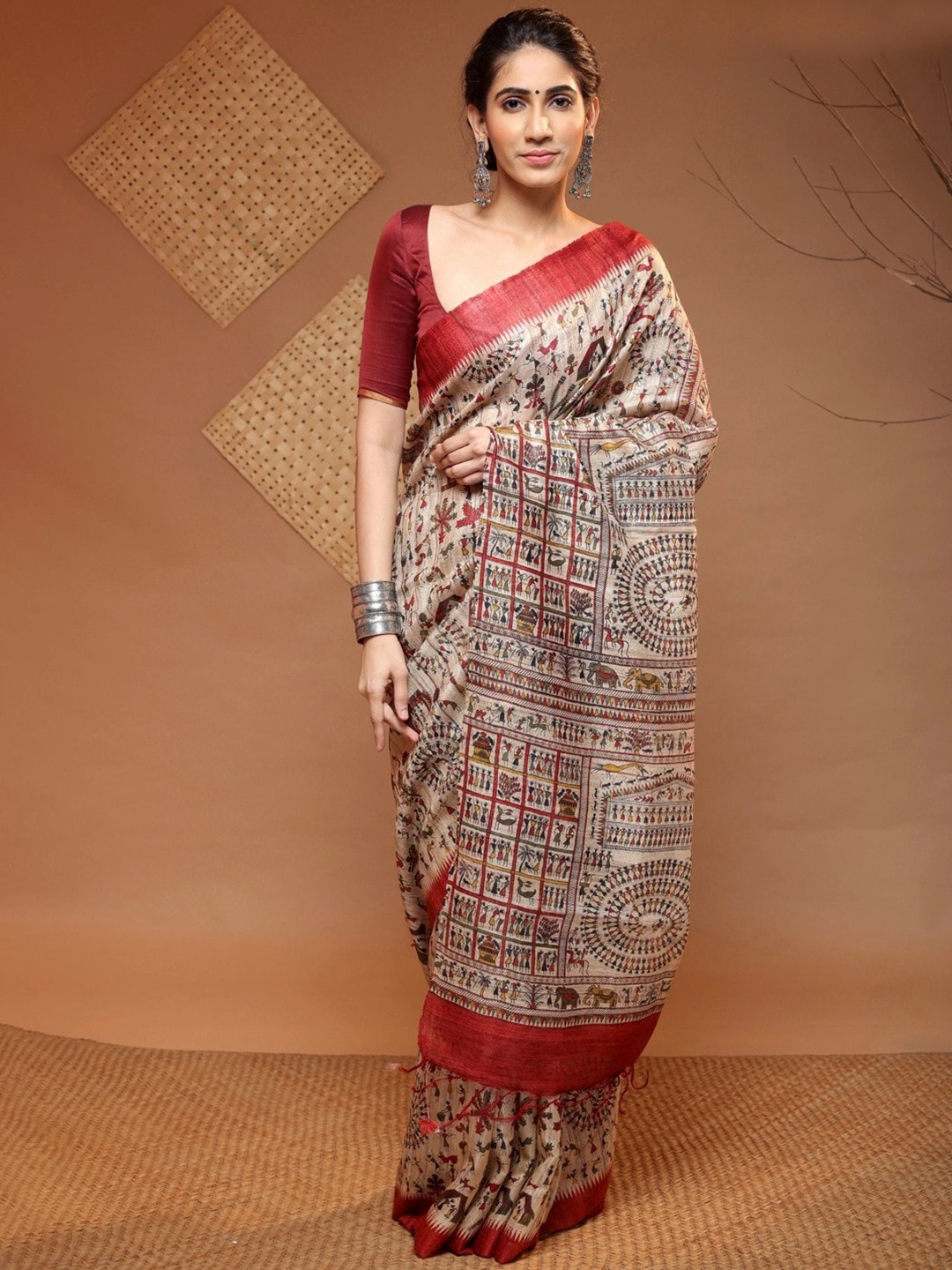 

Sutra Art of Clothing Ethnic Motifs Printed Pure Silk Saree, Brown