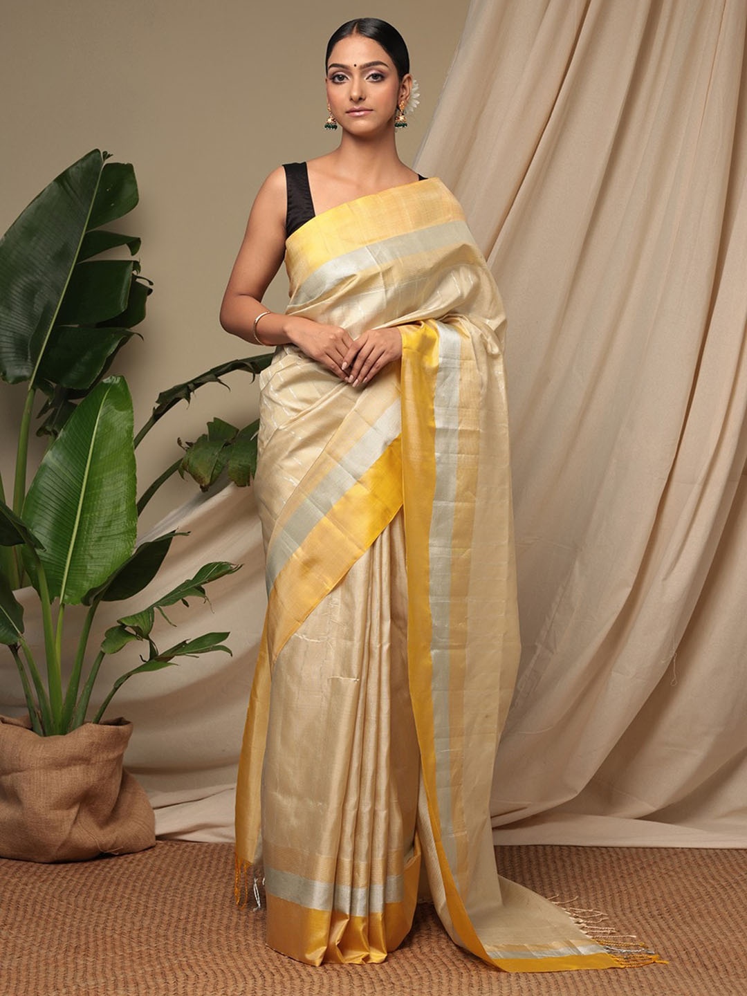 

Sutra Art of Clothing Striped Pure Silk Saree, Yellow