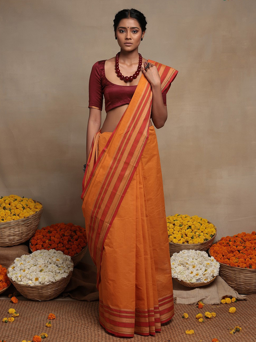 

Sutra Art of Clothing Geometric Woven Design Zari Pure Cotton Kanchi Saree, Orange