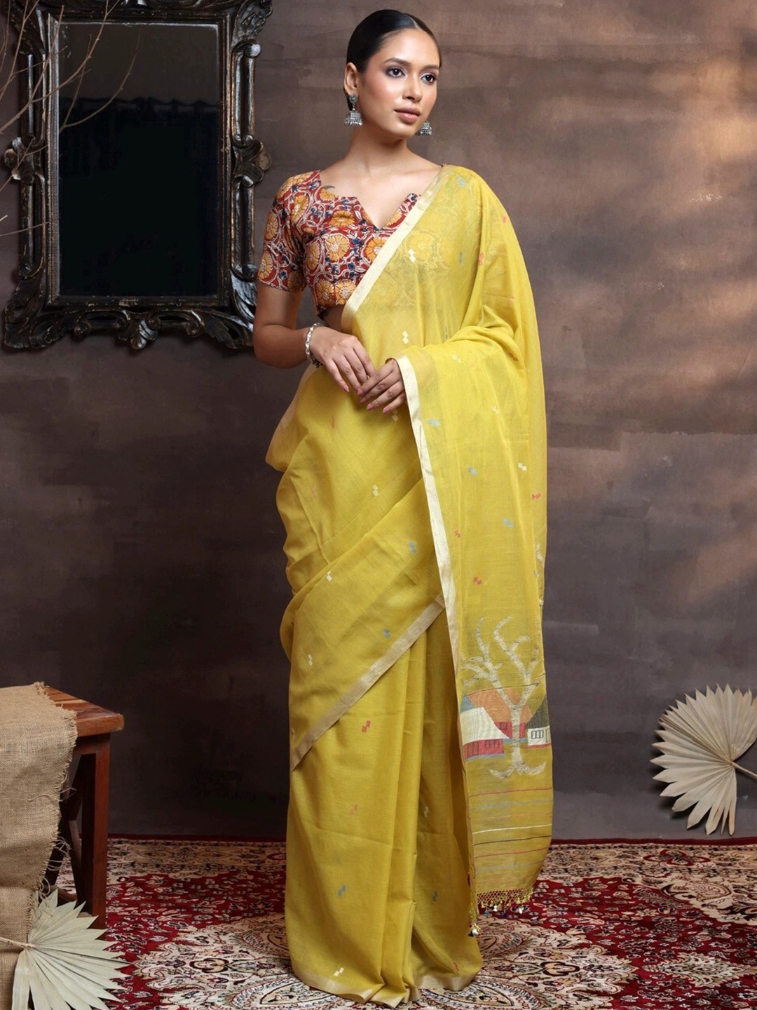 

Sutra Art of Clothing Woven Design Zari Pure Cotton Saree, Yellow