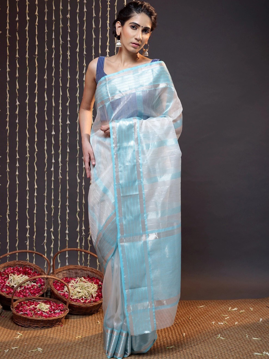 

Sutra Art of Clothing Striped Woven Design Zari Katan Silk Saree, White