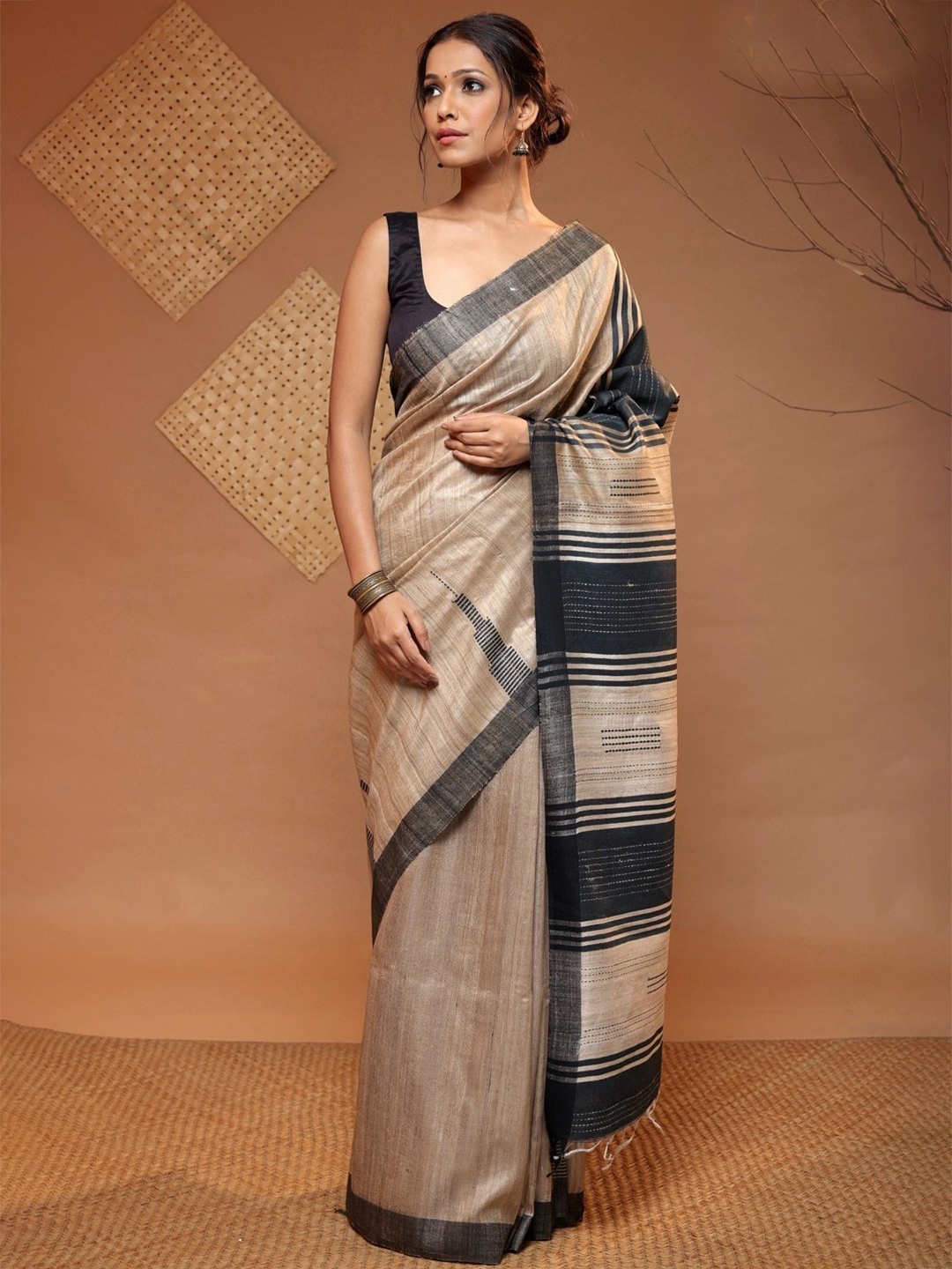

Sutra Art of Clothing Striped Pure Silk Saree, Brown