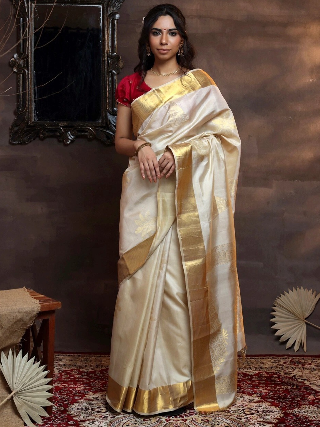 

Sutra Art of Clothing Woven Design Zari Pure Silk Saree, Cream