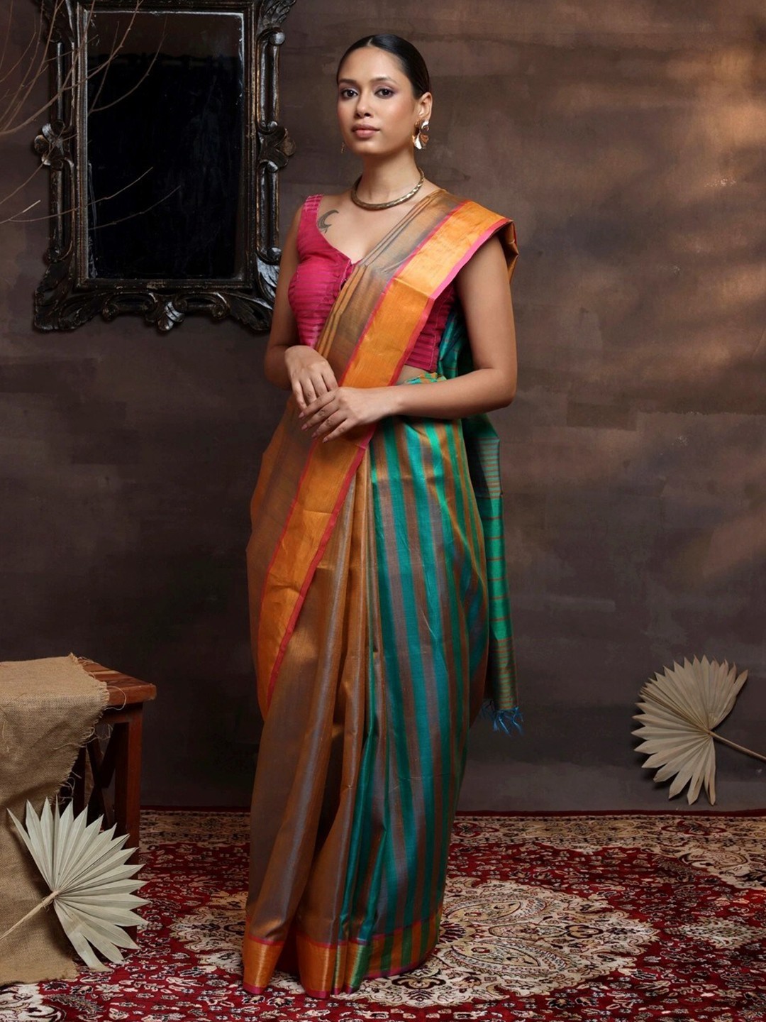 

Sutra Art of Clothing Striped Pure Silk Saree, Gold