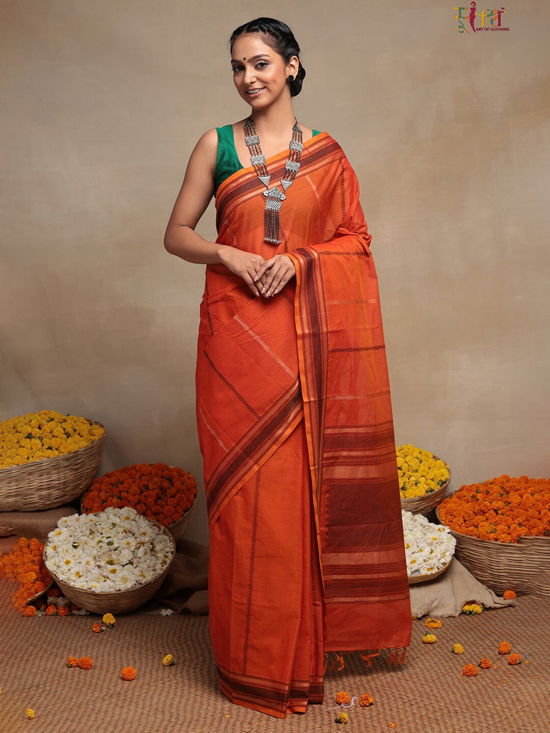 

Sutra Art of Clothing Woven Design Zari Pure Cotton Saree, Orange