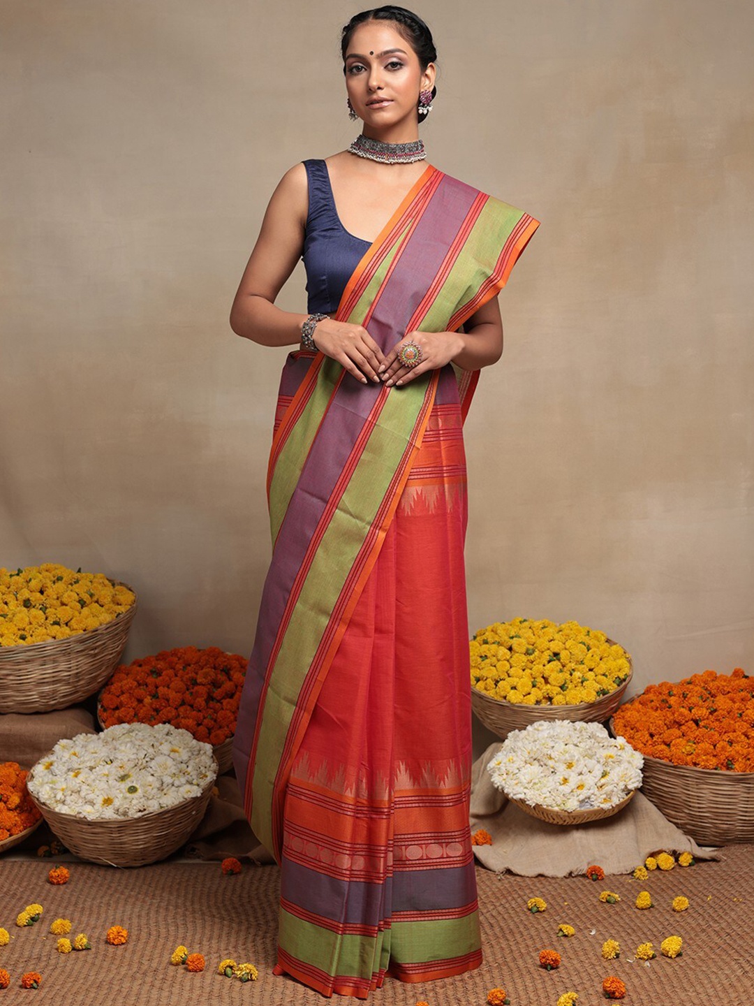 

Sutra Art of Clothing Pure Cotton Kanchi Saree, Orange