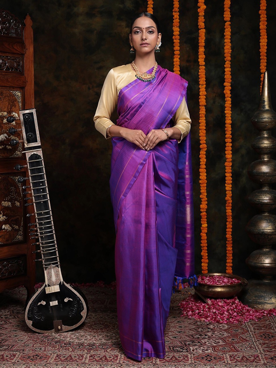 

Sutra Art of Clothing Woven Design Zari Pure Silk Saree, Violet