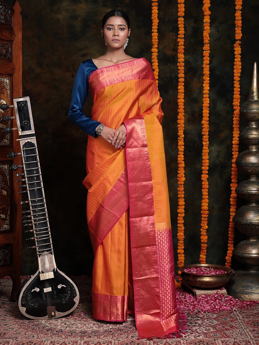 

Sutra Art of Clothing Woven Design Zari Pure Silk Saree, Orange