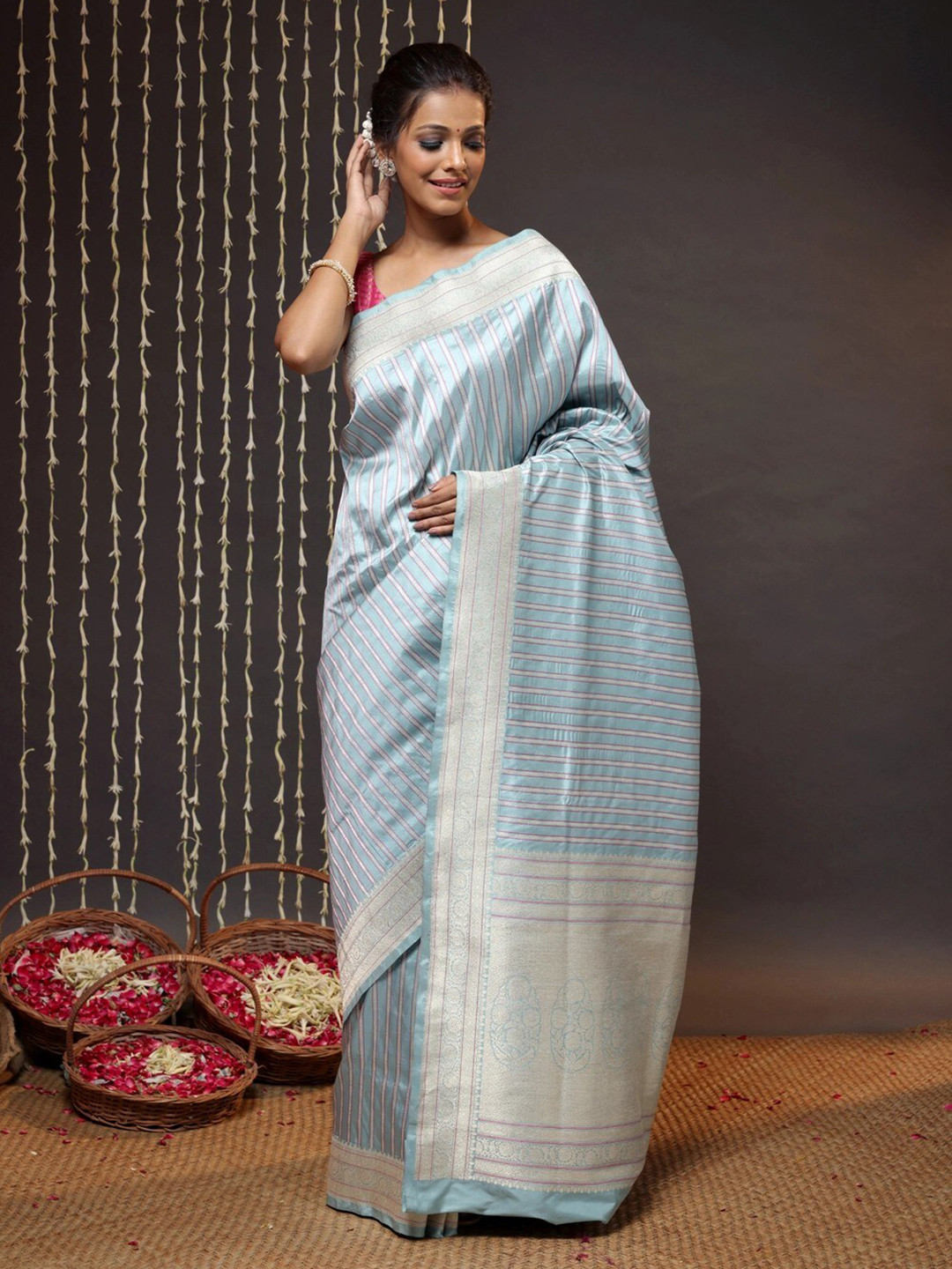 

Sutra Art of Clothing Striped Woven Design Pure Silk Saree, Blue