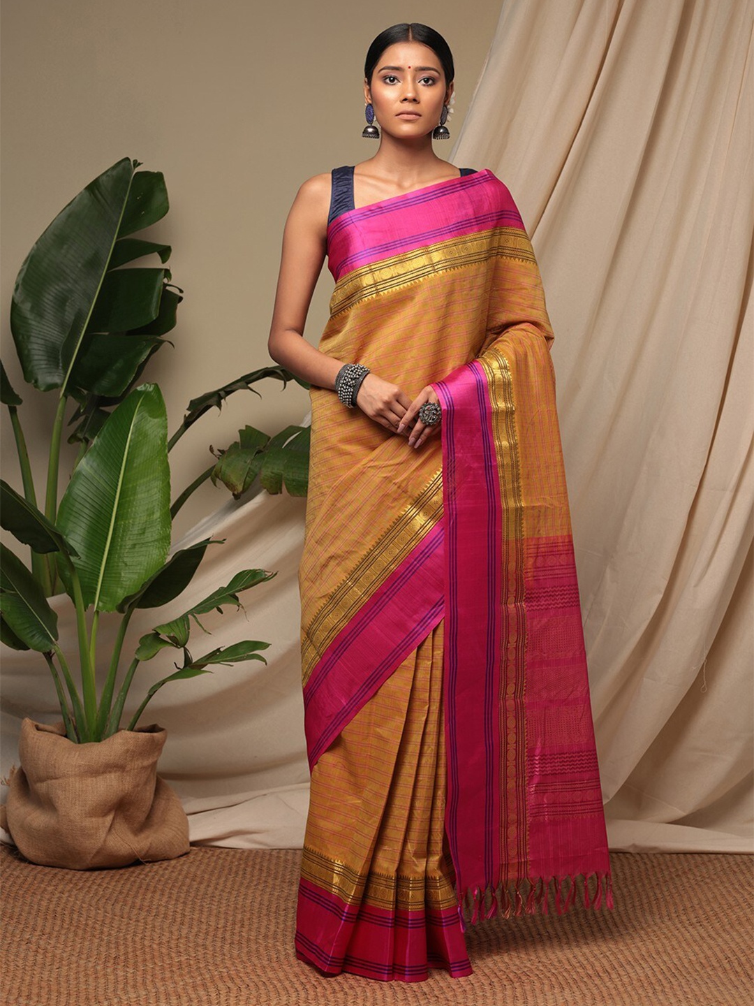 

Sutra Art of Clothing Striped Zari Pure Cotton Saree, Yellow
