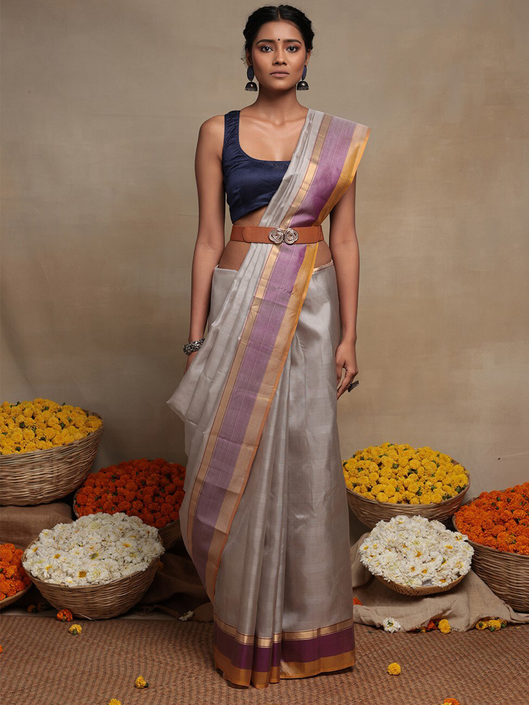 

Sutra Art of Clothing Striped Zari Pure Silk Kanchi Saree, Grey