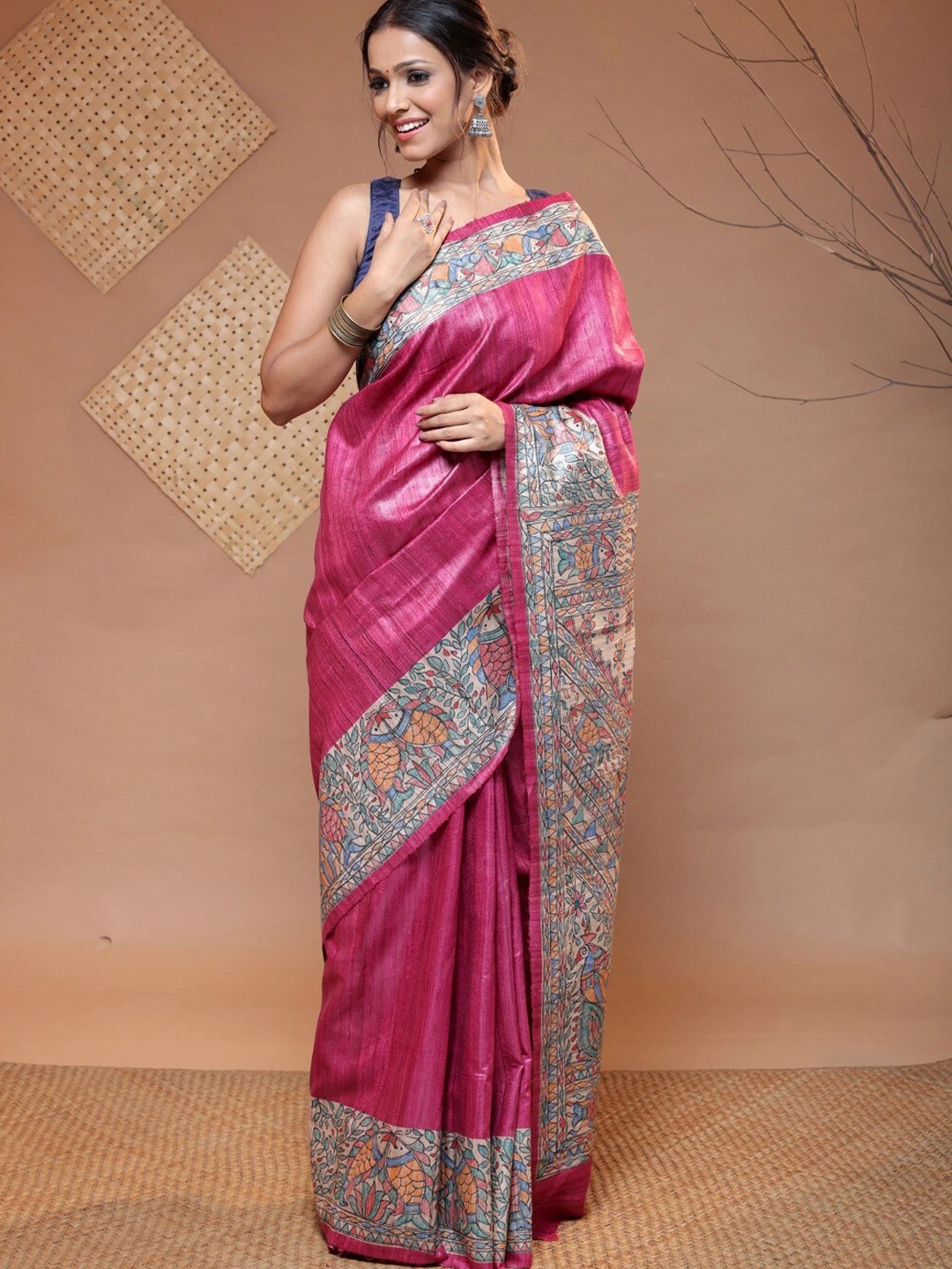 

Sutra Art of Clothing Striped Woven Design Tussar Silk Saree, Magenta