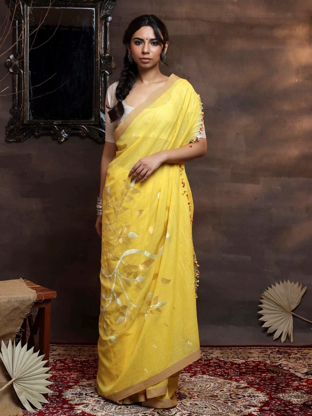 

Sutra Art of Clothing Woven Design Pure Cotton Saree, Yellow