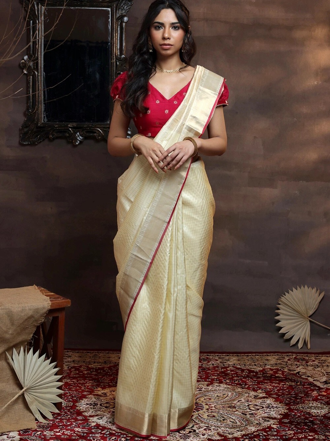 

Sutra Art of Clothing Geometric Woven Design Zari Pure Silk Kasavu Saree, Cream