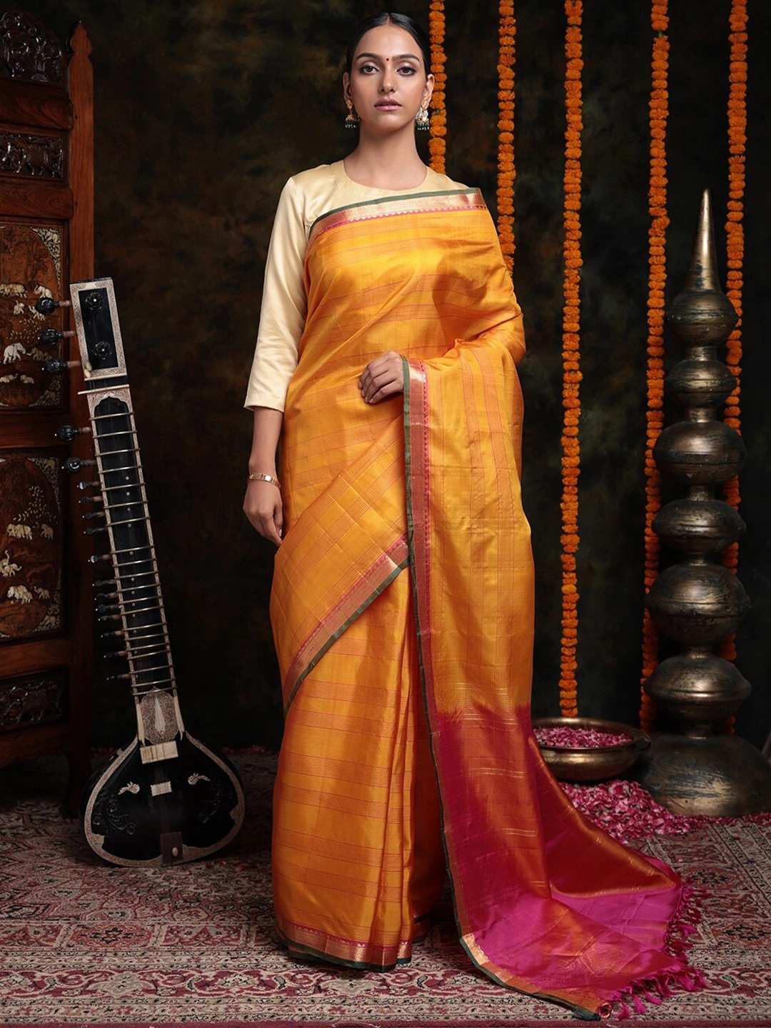 

Sutra Art of Clothing Striped Woven Design Zari Pure Silk Saree, Yellow