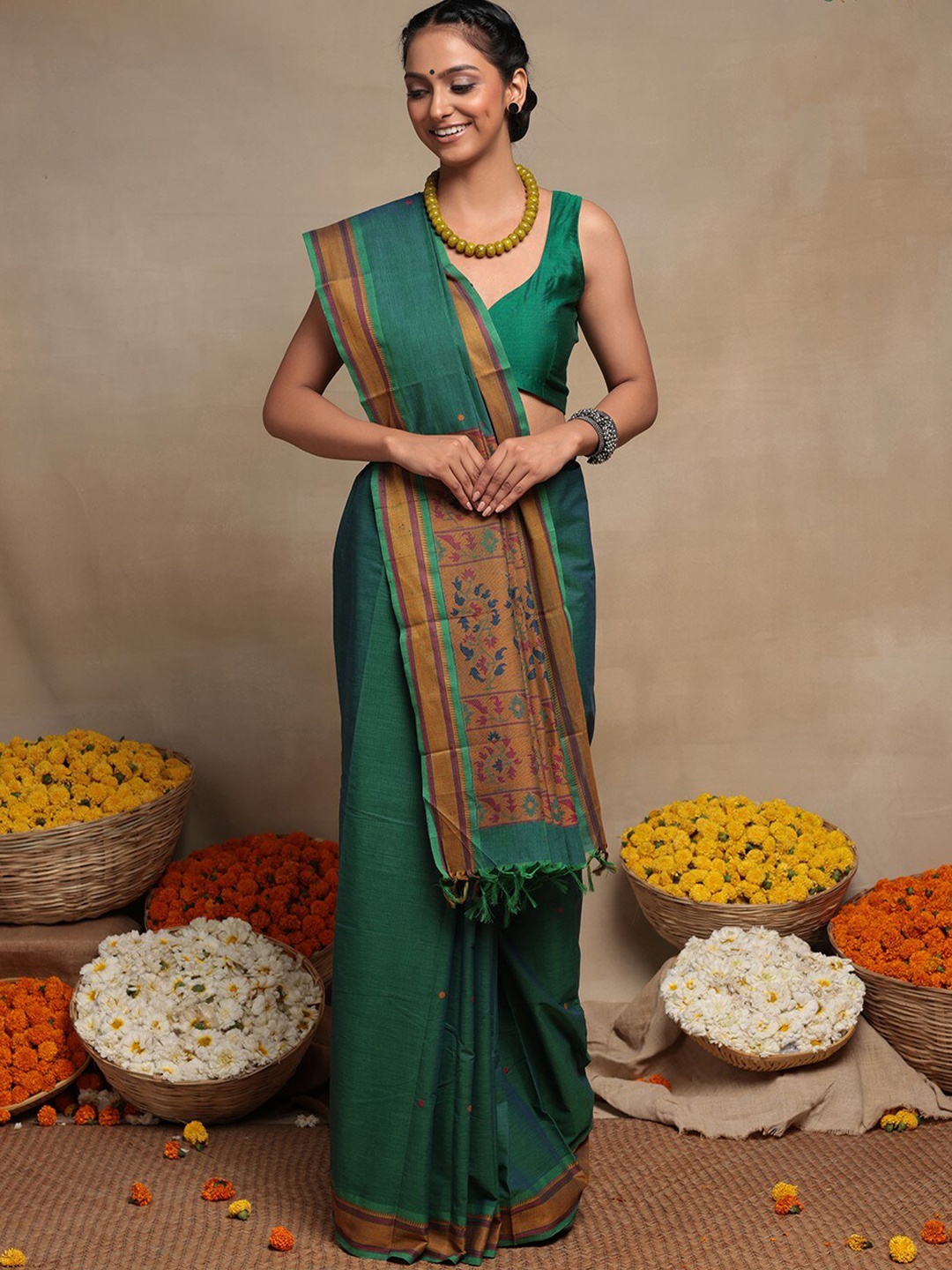 

Sutra Art of Clothing Pure Cotton Kanchi Saree, Green