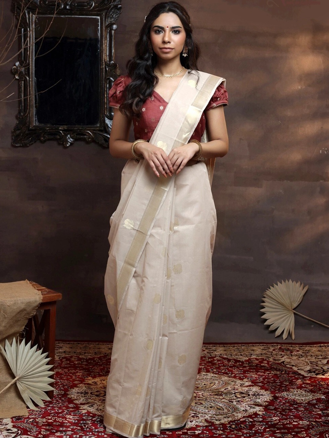 

Sutra Art of Clothing Woven Design Zari Pure Cotton Saree, Gold