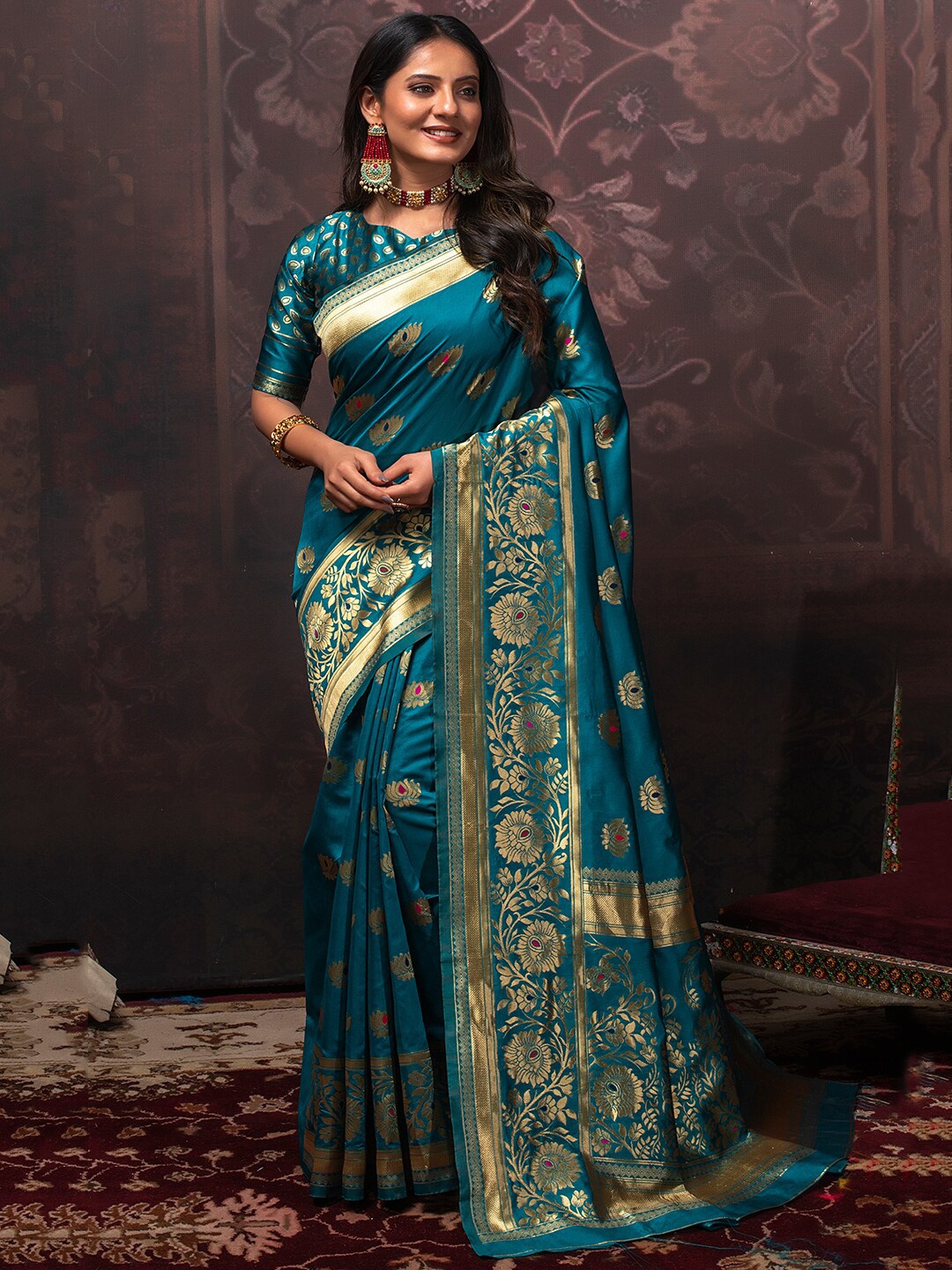 

Lilots Floral Woven Design Zari Banarasi Saree, Teal
