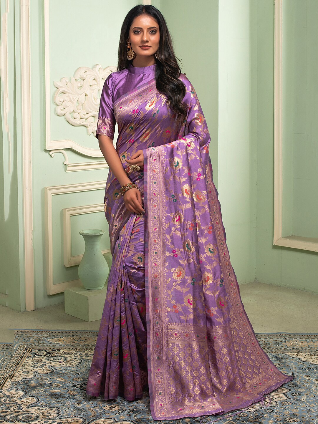 

Lilots Floral Woven Design Zari Kota Saree, Lavender