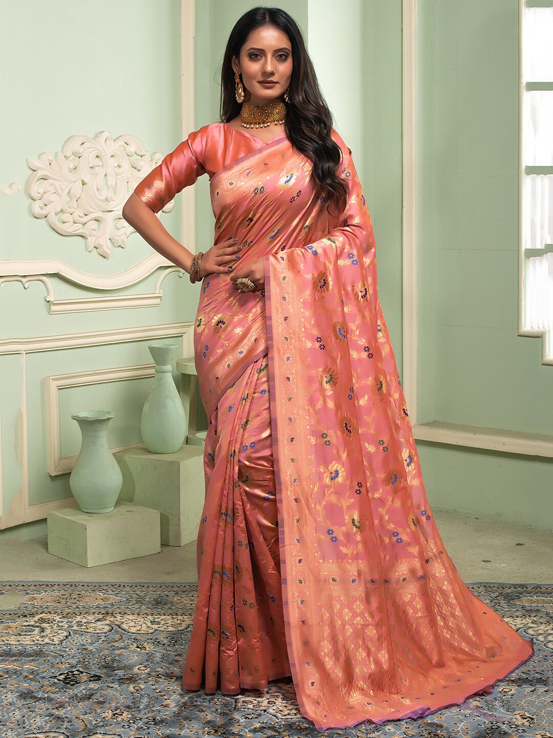 

Lilots Floral Woven Design Zari Kota Saree, Peach