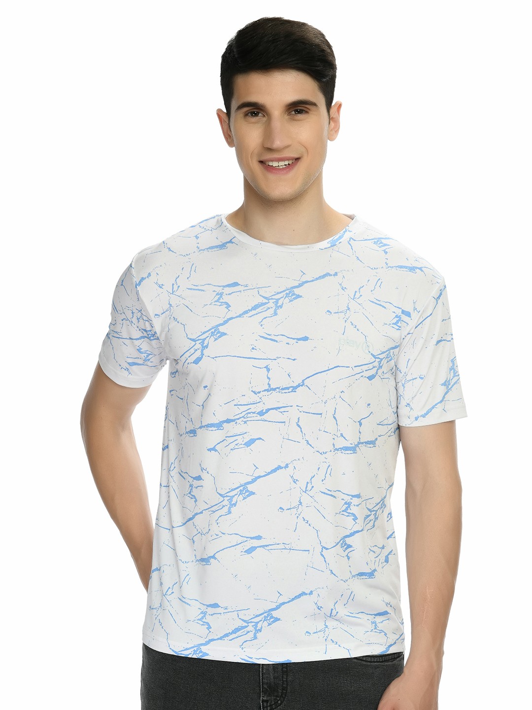 

playR Round Neck Short Sleeves Abstract Printed Dri-FIT Pockets T-shirt, White